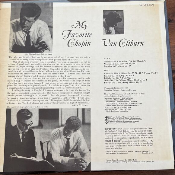 Van Cliburn My Favorite Chopin Vinyl LP 1961 RCA Victor Red Seal LSC 2576 - Picture 8 of 8